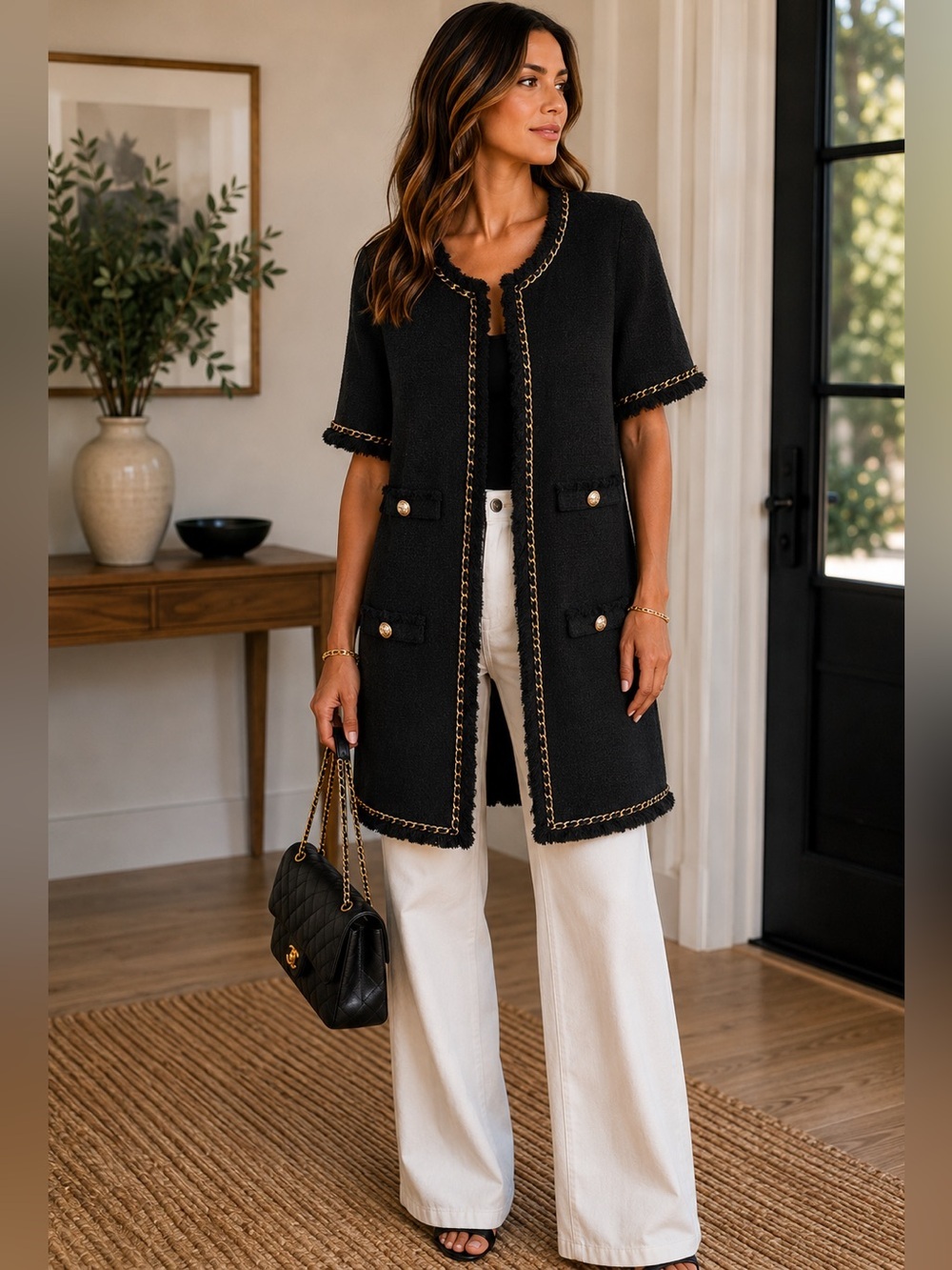 Edward Achour Paris Black Boucle Tweed Gold Chain Fringe Jacket Duster 42